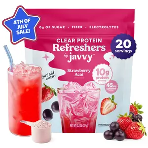 Javvy Strawberry Acai Refresher – Premium Clear Whey Protein with Electrolytes & Fiber – 100% Natural Flavors – Zero Artificial Colors & Sweeteners – 45mg of Caffeine, 0g of Sugar, 20 Servings
