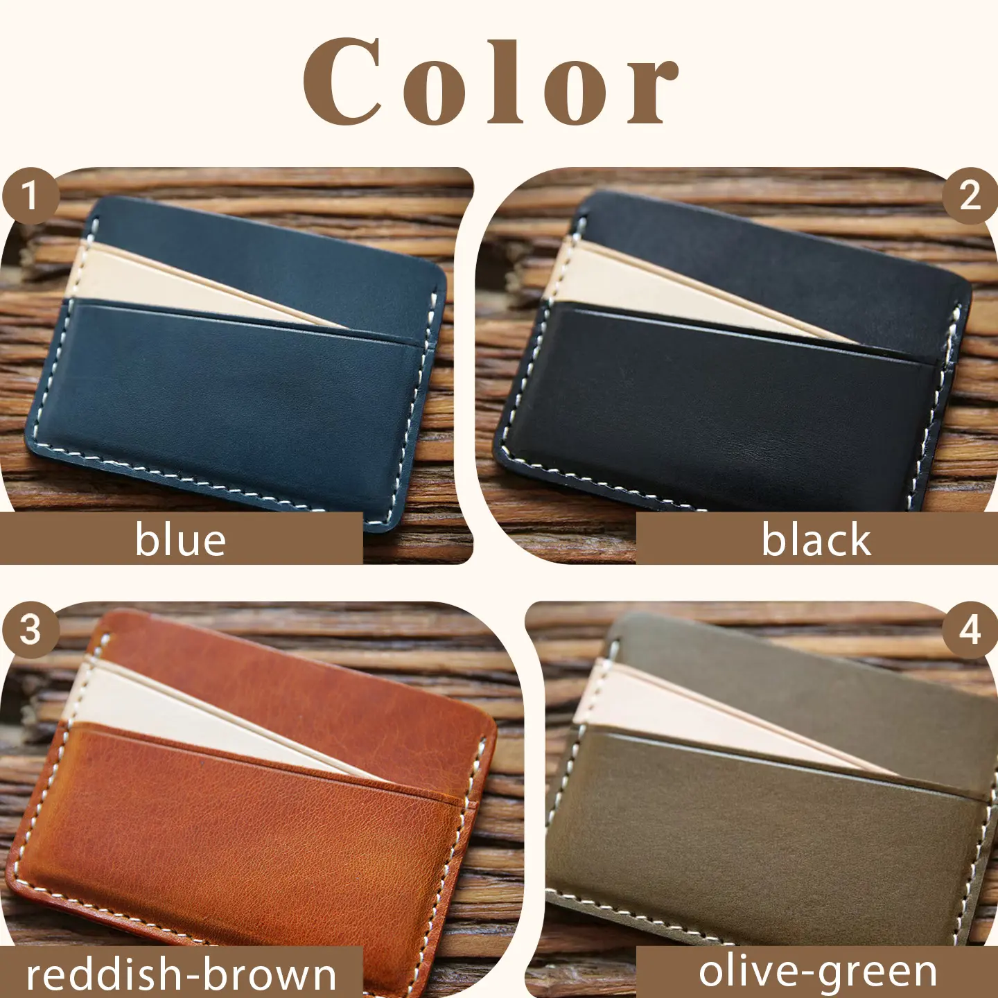 Hand-Stitched Full Grain Genuine Leather Card Holder, Slim Minimalist Pocket Credit Card Wallet 4 Classic Colors Available