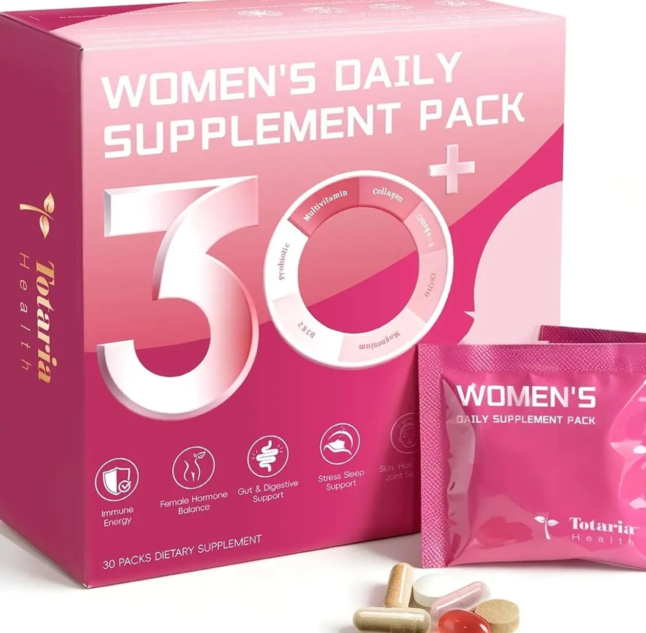 Totaria Multivitamin for Women with Vitamin A,B,C,D3,E,K2, Biotin, Collagen, Magnesium, Ashwagandha, Omega-3, Probiotic, Energy, Beauty, Stress, Calm, 30 Servings