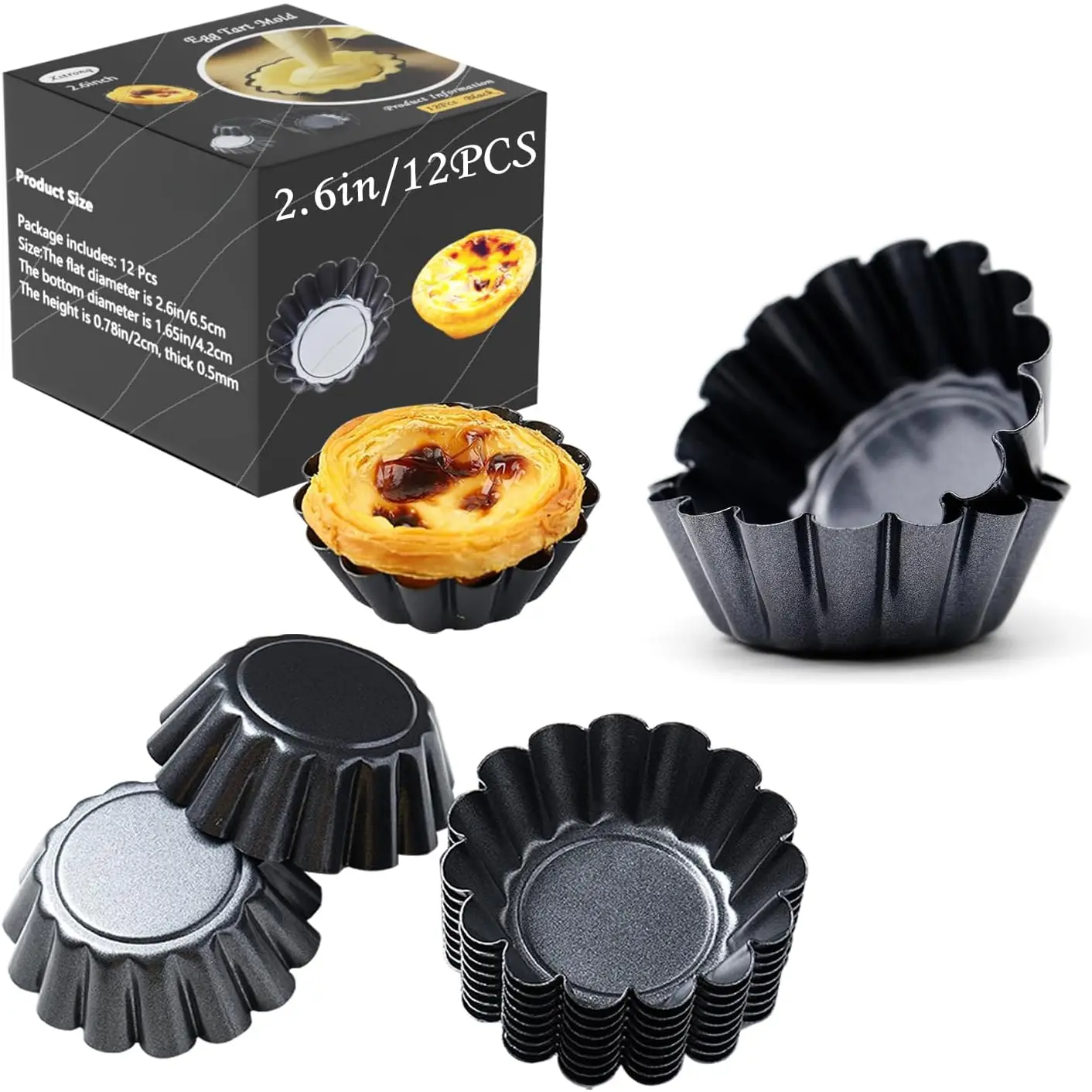 Egg Tart Molds 12 count Tart Pan 2.6inch, Mini Carbon Steel Non Stick Tart Pans, Tart Molds For Baking (2.6 inch)