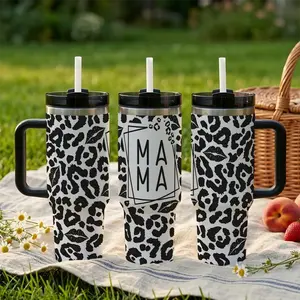 Leopard Print "MAMA" Insulated Travel Tumbler, Stainless Steel Coffee Mug with Portable Handle, Cheetah Lips Design Vacuum Cup, Best Birthday Mother's Day Gift for Her