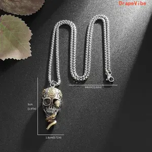 Skull and Snake Wrap Pendant Cuban Link Necklace, Dark Hip Hop Gothic 3D Snake Black Metal Edgy Men's Jewelry for Summer Daily Wear, Men's Jewelry Necklace, Gothic Necklaces