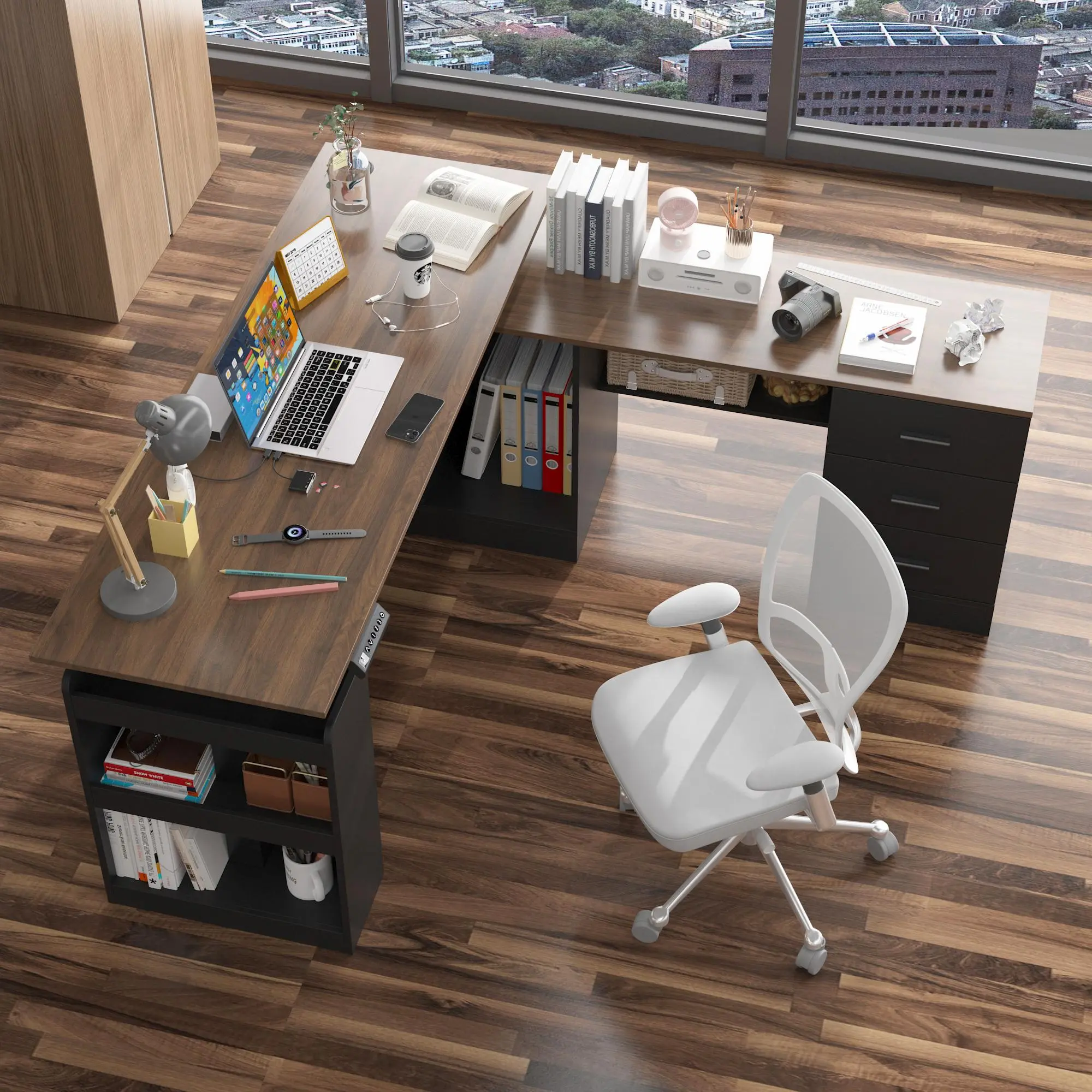 FUFU&GAGA L Shaped Standing Desk with Drawers and Shelves, Executive Desk Adjustable Height Desk, 63 inch Tabletop, for Office Bedroom White Furniture Cabinet Ergonomic Bookshelf
