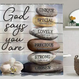 Creative Religious Inspirational Bath Shower Curtain Set, God Says You Are Theme, Precious, Strong, Chosen, Includes 12 Plastic Hooks, Non-Slip Mat, Toilet Lid Pad, Home Goods