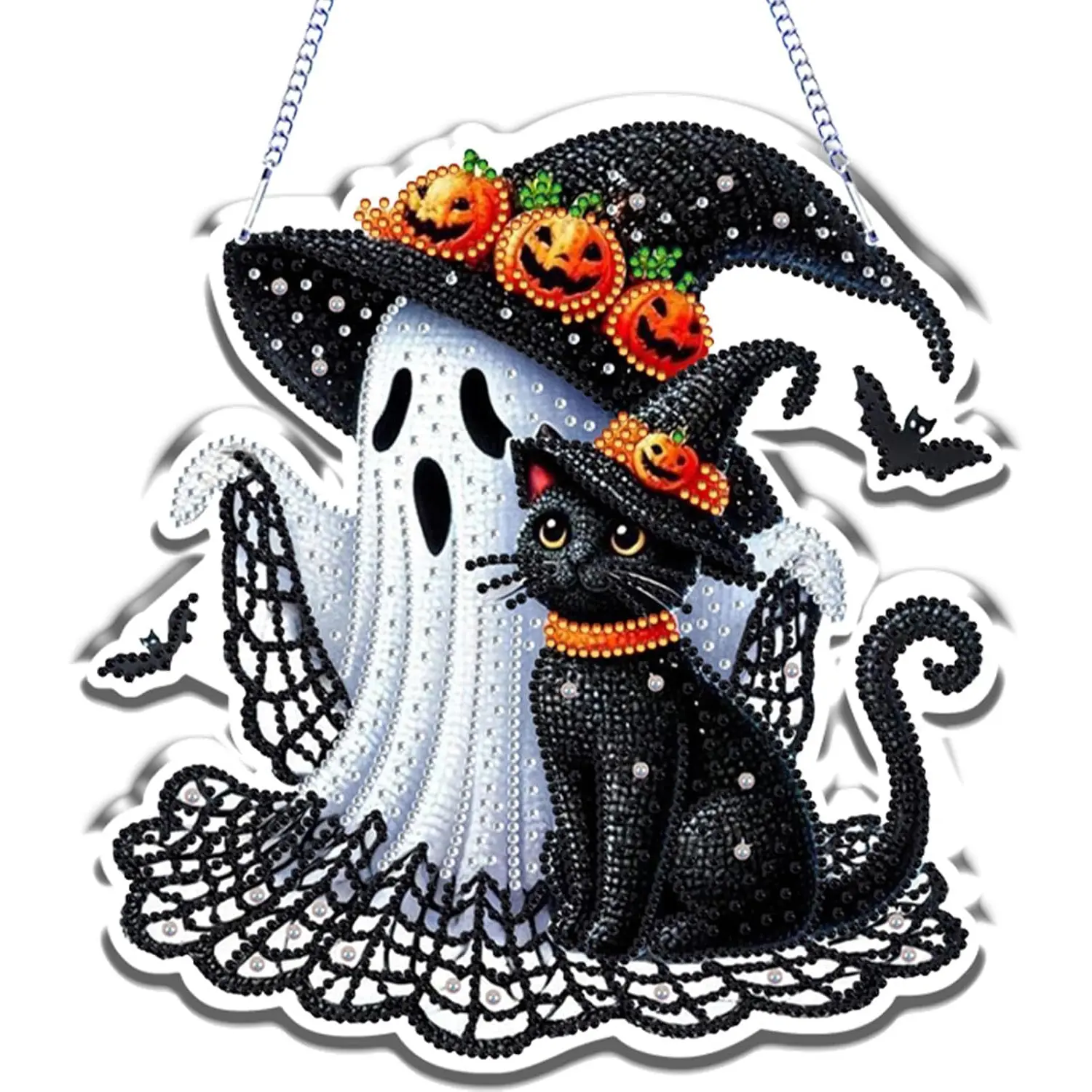9.37 inches Halloween Diamond Painting Hanging Ornament Kit, Black Cat&Ghost  Acrylic Diamond Art Suncatcher, DIY Rhinestone Craft for Adults & Kids, Spooky Window Wall Decor Gift