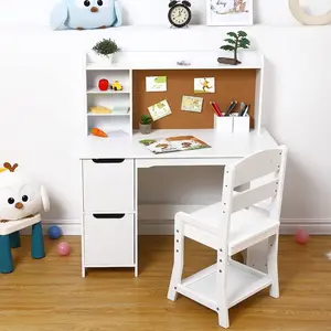 Kids Study Desk with Chair, White Desk Set for Kids, Student Writing Desk with Bookshelf, Bulletin Board and Cabinets for Boys and Girls