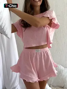 Women's All Over Heart Print Pyjama Set, Casual Comfy Ruffle Trim Crop Top & Patched Elastic Waist Shorts Pyjama Two-piece PJ Set, Ladies Sleepwear and Loungewear for All Seasons