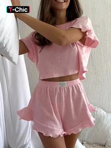 women's all over heart print pyjama set, casual comfy ruffle trim crop top & patched elastic waist shorts pyjama two-piece pj set, ladies sleepwear for all seasons, pajamas