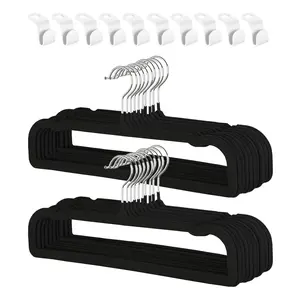 20PCS Black Non-Slip Velvet Hangers, Thin Space-Saving Hangers with 360° Rotatable Silver Metal Hooks, Shoulder Notches, 10 Connector Hooks