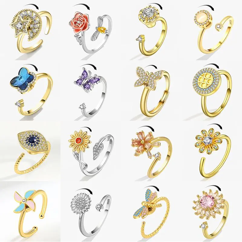 Purple Butterfly Rotating Anxiety Knuckle Ring for Women Crystal Rose Sunflower Eyes Anti Stress Ring Wedding Jewelry Girls Gift