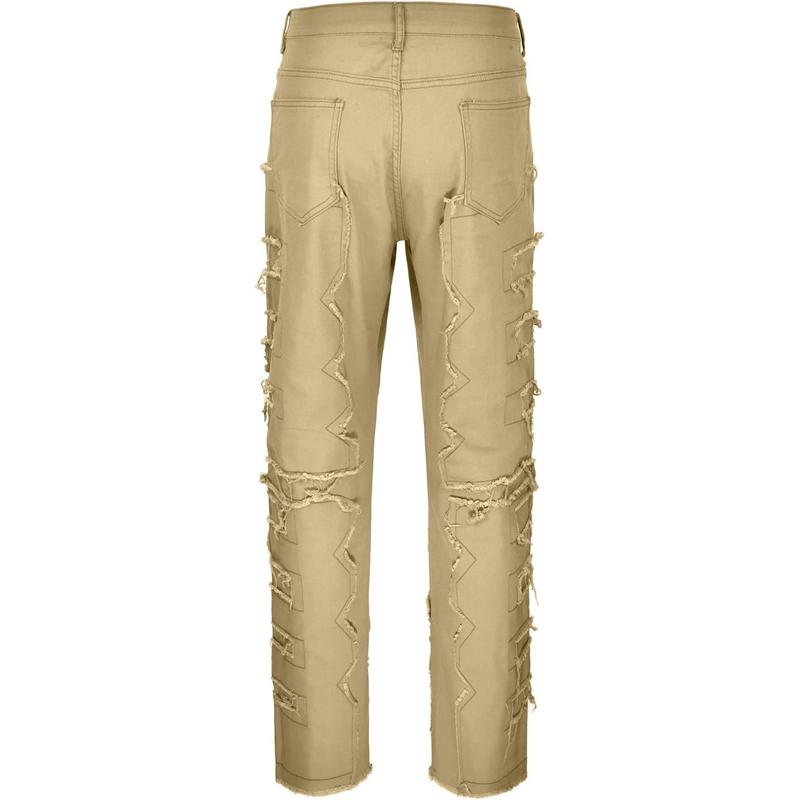 Men's denim pants with patchwork creative straight tube stretch street style denim pants, with pockets,Men's Casual Ripped Skinny Jeans with Frayed Detailing - Stretch Denim Cotton Blend, Slim Fit All-Season Trousers with Solid Color Washed Design