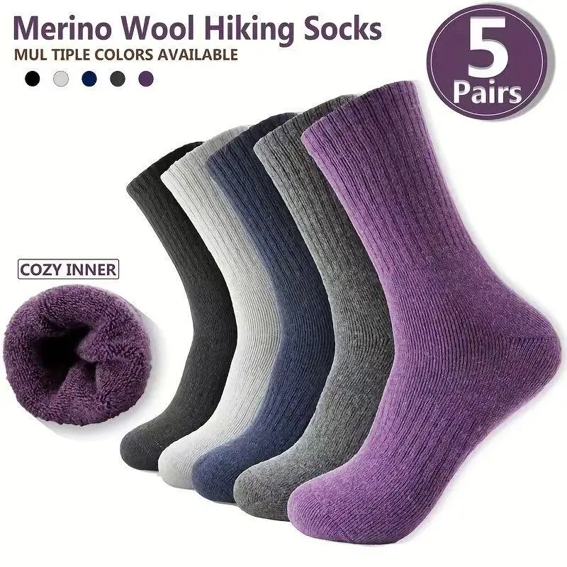 Women's 5 Pairs Wool & Cashmere Blend Fleece-Lined Thermal Cozy Socks, Mid-Calf to Crew Length, Comfortable Warm Socks for Lady's Fall & Winter Daily Wear