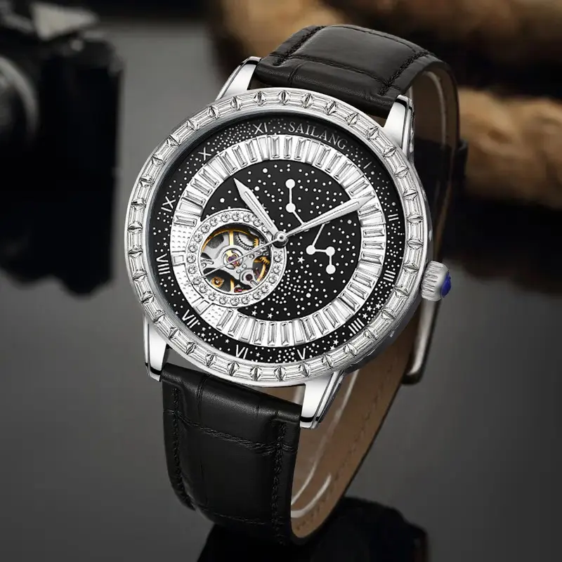 Black Swan Automatic Mechanical Watch, Luminous Casual Analog Watch with Hollow Rhinestone Elegant Dial, Unisex PU Leather Business Wristwatch, Rhinestones Decor Wristwatch, Illuminated Mechanical Watches