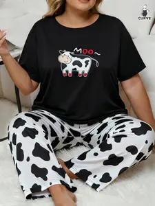 Plus-Size Women's Knit Home Wear Loungewear Cute Cow Print Short Sleeve Top and Pants Pajama Set for Layering