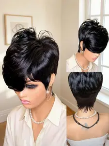 180% Density Full Machine-Made Pixie Cut Human Hair Wig for Women, Short Straight 8 Inch Natural Rose Net Cap Wig for Daily Wear