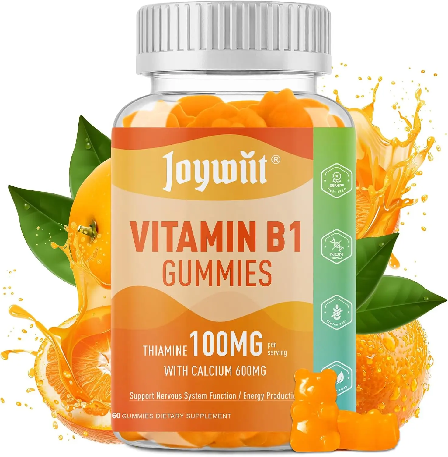 100mg Vitamin B1 Gummies Thiamine Supplement with 600mg Calcium for Adults and Kids Chewable Vegan Vitamin for Nervous System Support Energy Boost Brain Health Non GMO Natural Orange Flavor Daily Wellness 60 Count