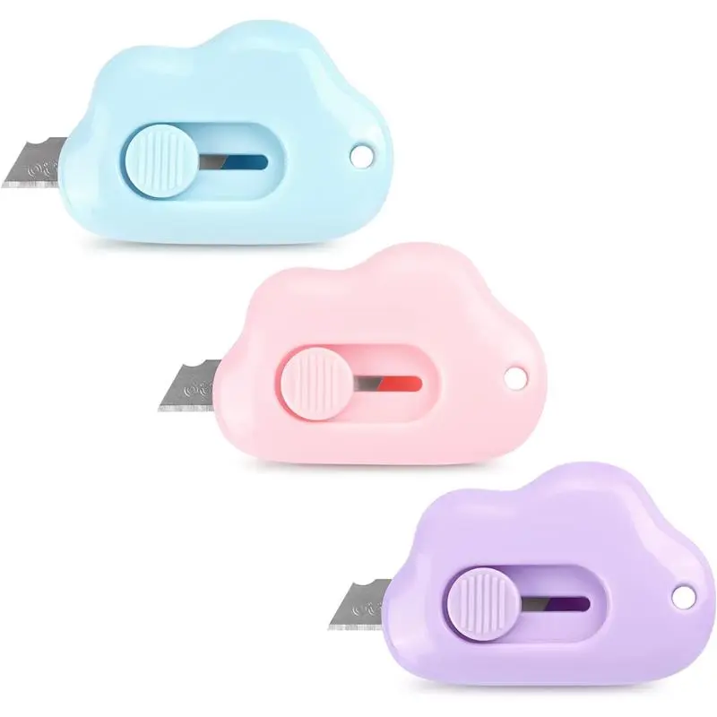 Box Cutters - 3 Pack Retractable Letter Opener for Key Chain, Pocket Bag, and Envelope Mail - Adorable Cloud Tiny Paper Cutter for Girls and Boys