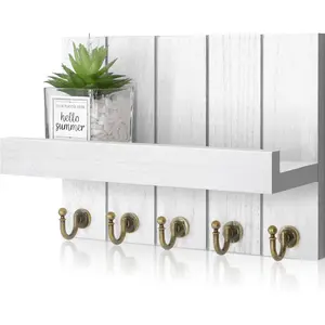 Vision Key Holder for Wall - Decorative Mail Organizer Wall Mount with 5 Key Hooks for Modern Farmhouse Apartment Essentials - Home Decor for Living Room (Rustic White, 3.54"D x 10"W x 7.28"H)