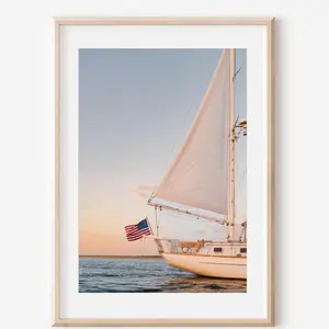 Sailboat Wall Art Print – Coastal Nautical Decor with American Flag at Sunset Poster, Cape Cod Sailing Photography, Beach House Wall Art