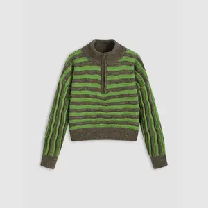 Cider [size 2-10] Wool-blend Abstract Stripe Zipper Knitted Crop Long Sleeve Top