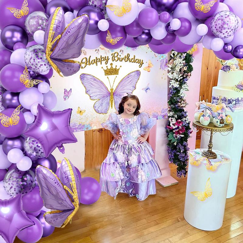 Purple Butterfly Birthday Decorations Pink Balloon Arch Kit Foil Butterfly Balloon,95pc Happy Butterfly Birthday for Girl Baby Shower Party Decor FathersDayGift