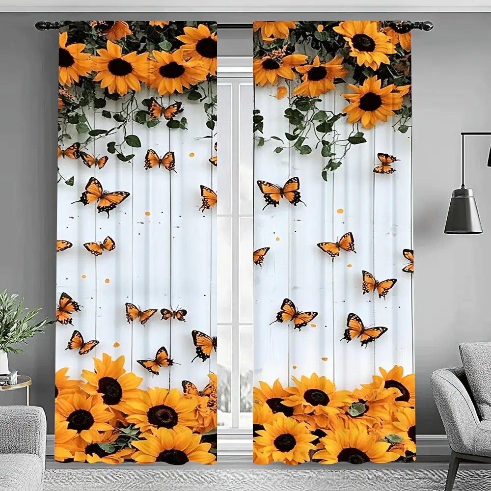 2-Piece set, sunflower butterfly semi-blackout curtains, Window Curtain, yellow sunflower butterfly design, rod pocket design, Home Decorative Curtain, suitable for all-season decoration living room, bedroom curtains