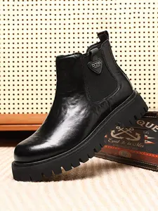Men's Fashionable Mid-Calf Boots, Trendy Thick Rubber Sole Casual Walking Shoes, Stylish High-Top Leather Boots for Fall & Winter, Footwear Design, Pull On Boots