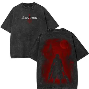 BloodBorne Washed T-Shirt, Washed Heavyweight Cotton, Manga Gothic, Dark Anime Gothic T-Shirt Menswear Streetwear, full color tee Top Tshirt graphic tees Tropical Casual anime washed tee Black Crewneck