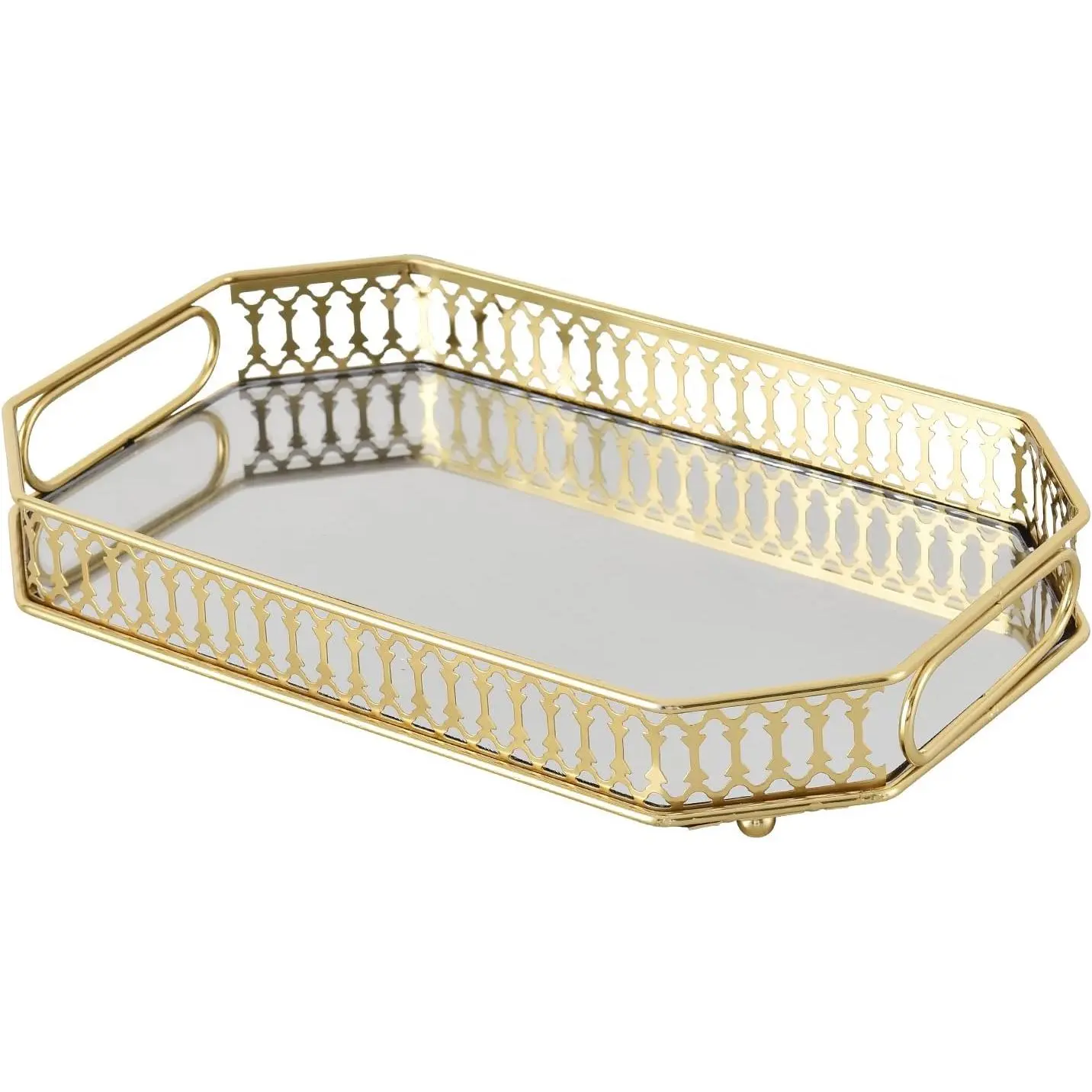 Small Vintage Gold Glass Mirrored Vanity Tray with Handles - 13.8x9.8x2 inches Luxury Tray, Bathroom Accessory, Makeup Organizer for Dresser & Bar Setup