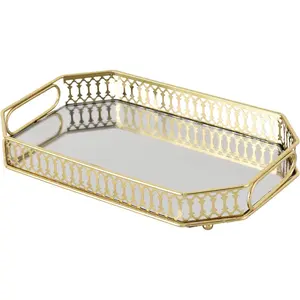 Vintage Gold Mirrored Vanity Mirror Tray Decorative Perfume and Makeup Organizer with Handles for Dresser,Bathroom or Jewelry Display(Small Size)