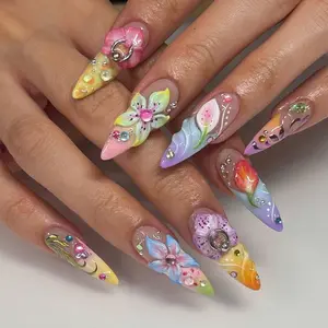S74 Island Blossom Press-On Nails, 3D Hibiscus, Rainbow Ombre, Floral Gems, Multicolor Tips, Custom Press-On Nail, Summer, Vacation, Solana Nails Town