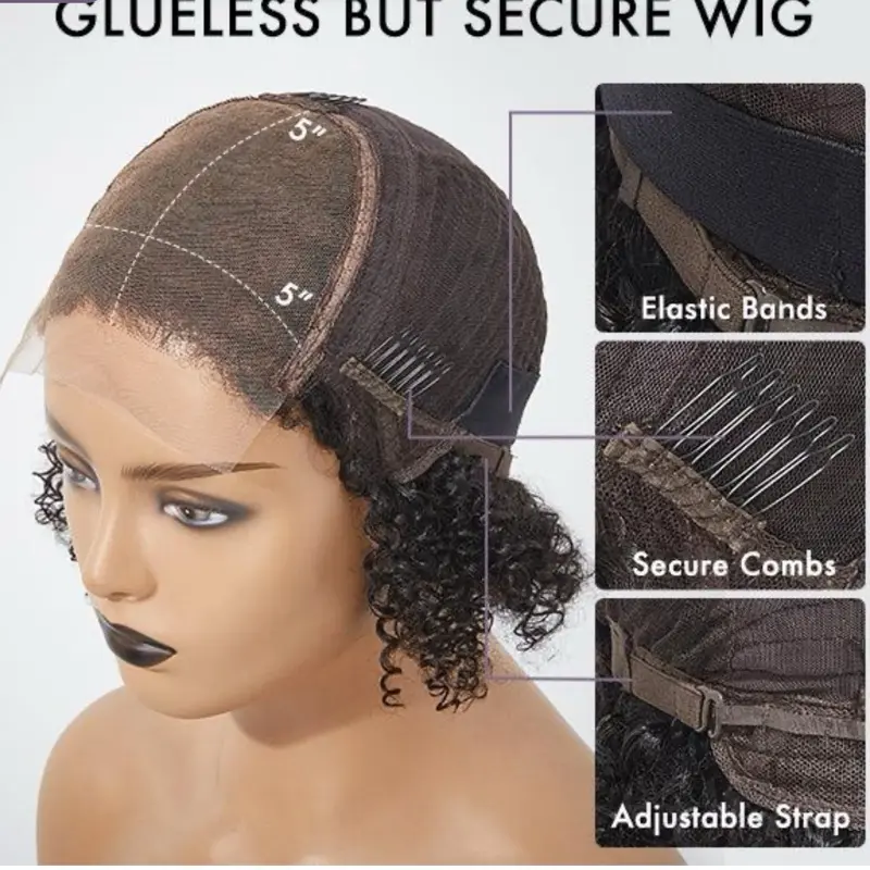 Mitch Human Hair Kinky Curly 13x3 12 Inches Glueless Secure Wig with Elastic Bands Secure Combs & Adjustable Strap