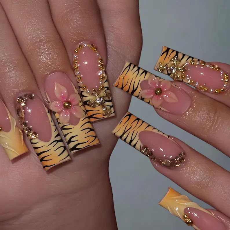 Custom Tiger Print Press On Nails with 3D Flowers & Gold Gems – Long Square Yellow French Tip Fake Nails | Wild Aesthetic Handmade Reusable Nails Set