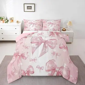 Bowknot Bedding Set,Pink Kawaii Bow Comforter Set for Girls Princess,Cute Bow Print Down Comforter,Girly Bow Quilt Set