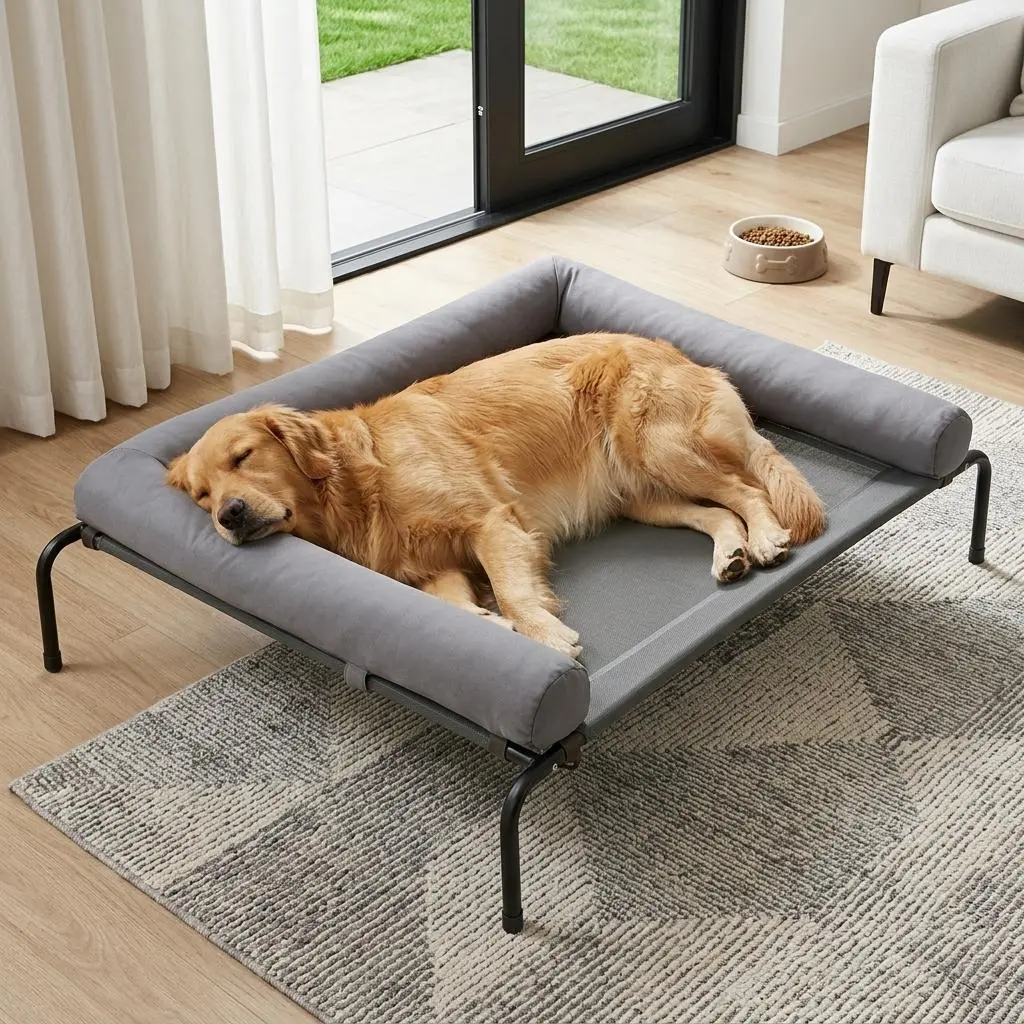 Elevated Cooling Dog Bed Raised Dog Cots Beds for Large Dogs, Summer Outdoor Dog Bed for Large Dogs, Chew Proof Portable Cooling Pet Cot Skid-Resistant Feet, Frame with Breathable Mesh