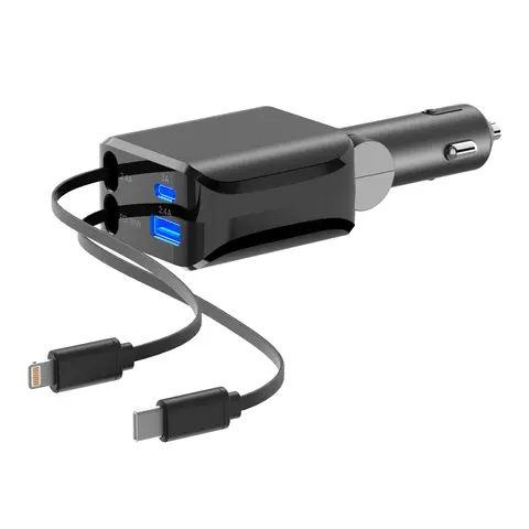 100W 4-in-1 Retractable Fast Charging Car Charger - Multiport Adapter with 30W Type C Charging, Lightning Cable, Dual Ports, USB C Charging Station, Universal Solution for iPhone, Notebooks