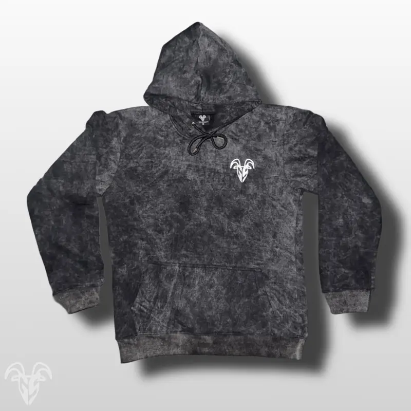 Goat Strength Black Acid Wash Embroidered Hoodie - Acid Washed Sweater for Men & Women Sweaters, Realistic Design Cotton Blend