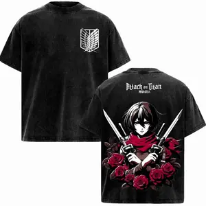 Unisex Mikasa Ackerman Vintage Washed Plain Anime Tee - Attack on Titan Oversized Graphic Top, Scout Regiment Warrior, Ackerman Bloodline Eren Protector, Dark Emotional AOT Streetwear, Retro Manga Aesthetic Fan Gift, Menswear T-shirt T9I