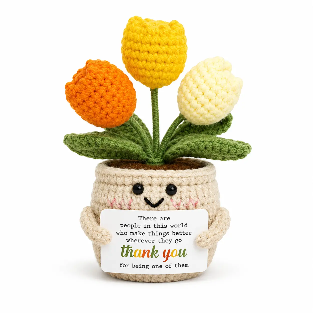 Handcrafted Look Crochet Flower Pot with Cheerful Tulip and Sunflower - Warm Felt Appreciation Gift, Room Decor Desk Companion for Mom - Festive Home Supplies Non-Wilting Present