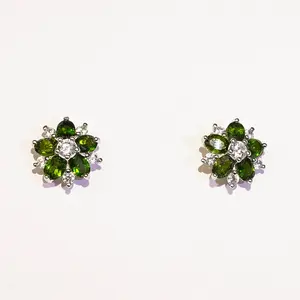 925 Sterling Silver Luxury Fancy Shining Fashion Diopside Gemstone Genuine Birthstone Cluster Flower Earrings Stud For Women Or Girls