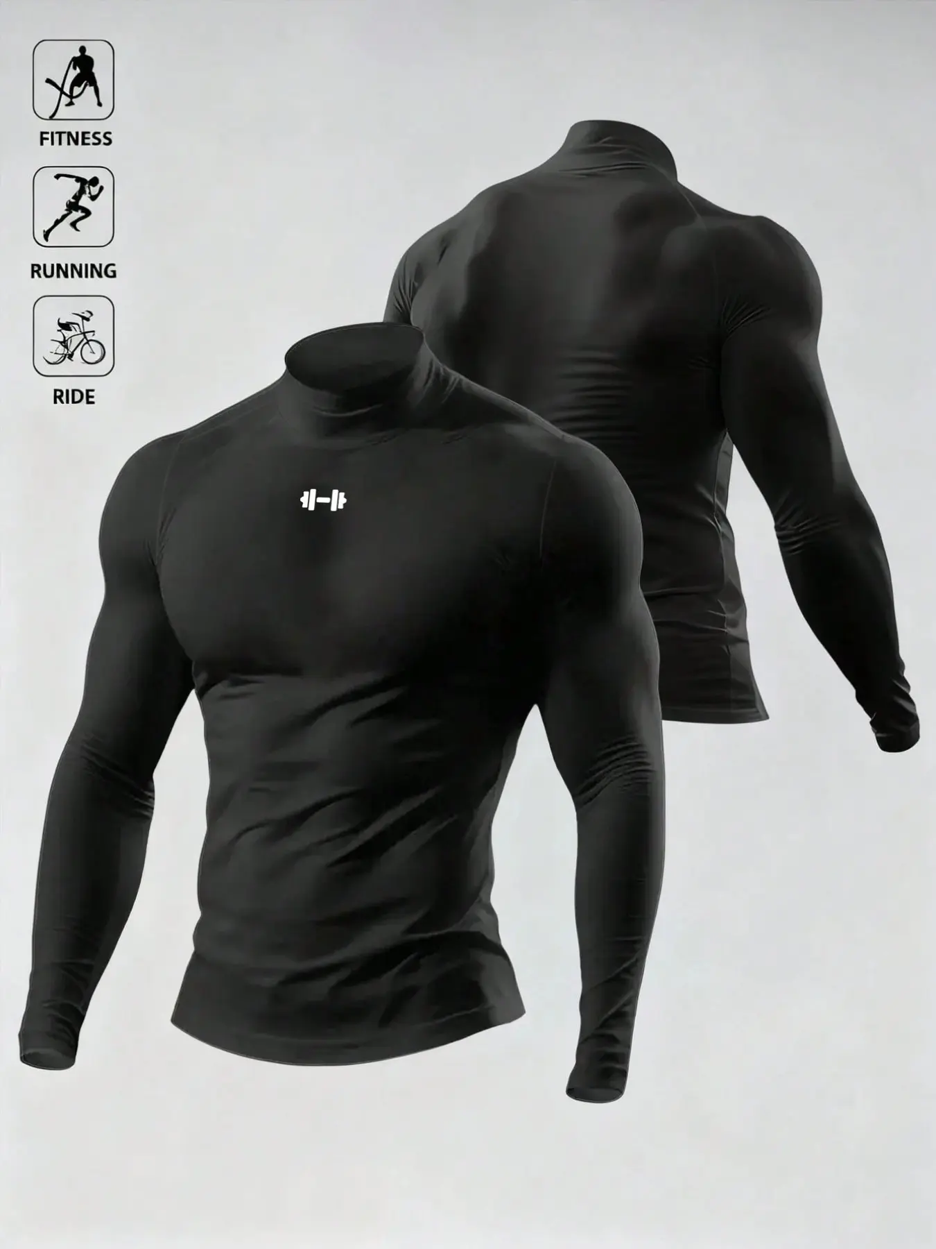 Men's High Neck Quick-Dry Tight Fit Shirt, Dumbbell Logo, Simple Unique Design, Fitness Running Tops, Fitness Running Cycling Long Sleeve Training Top, Athletic Fashion Activewear, Athletic Apparel