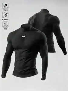 Men's High Neck Quick-Dry Tight Fit Shirt, Dumbbell Logo, Simple Unique Design, Fitness Running Tops, Fitness Running Cycling Long Sleeve Training Top, Athletic Fashion Activewear, Athletic Apparel