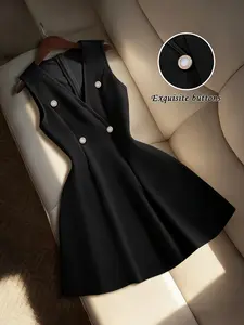 Women's Knitted V Neck Sleeveless Belted A-Line Elegant Business Casual Short Dress, Spring Summer Fashion