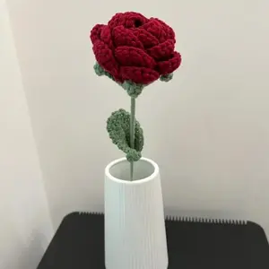 Romantic Wine Knitted Rose Bouquet, Handmade Crochet Fabric Flowers, No Maintenance, Perfect for Holidays, DIY Home Decor Gift