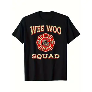 WEE WOO Squad Funny Firefighter Badge Fire Captain Fire Truck T-shirt, 100% cotton, machine washable, Men'S and women'S T-shirts, Easter Gifts for men'S and women'S Mom and Dad friends, S-XXXL, black