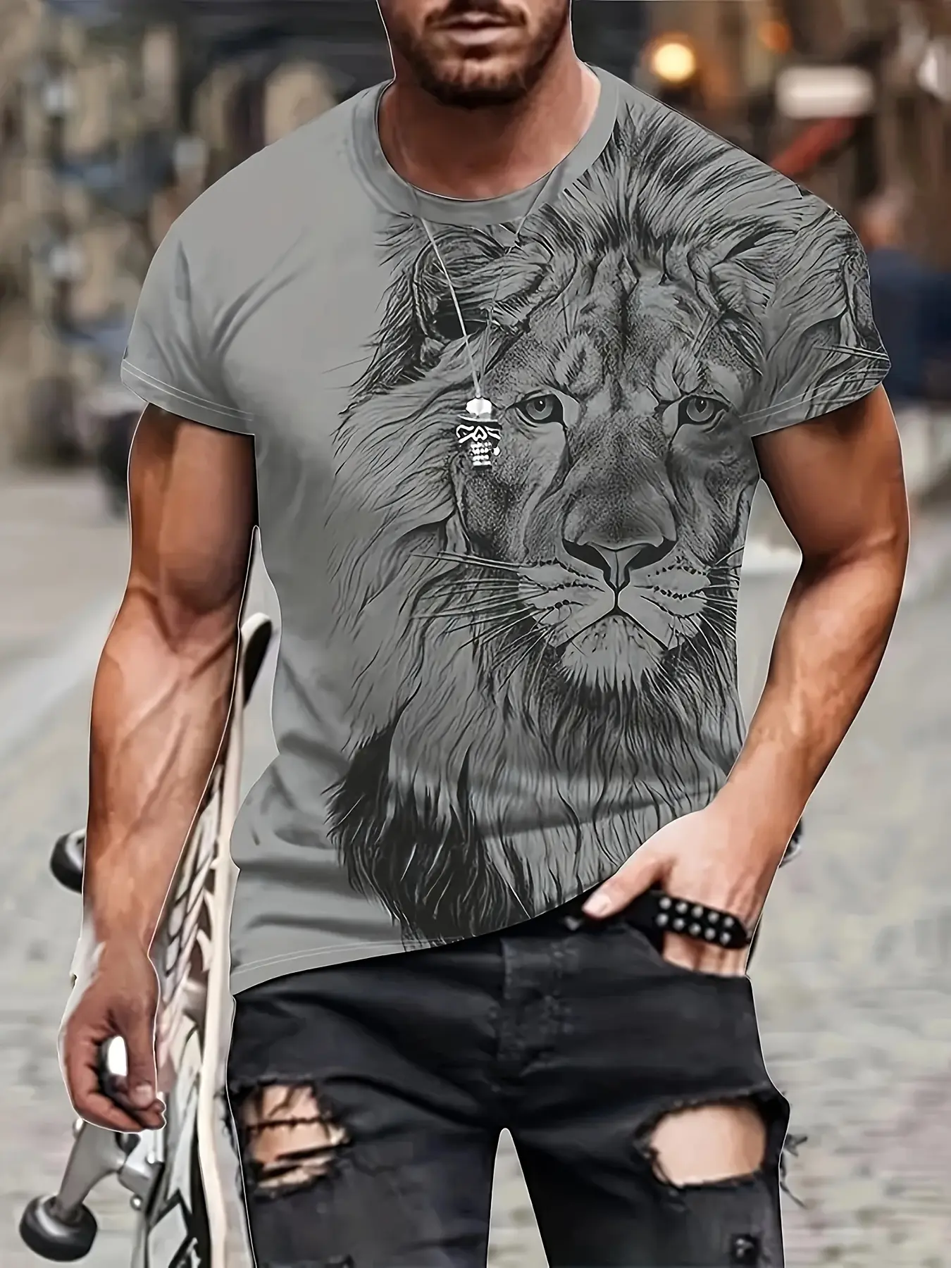 Men's 3D printed lion high definition pattern T-shirt Round Neck Streetwear casual short sleeve men's summer outdoor clothing short sleeve jumper top Menswear