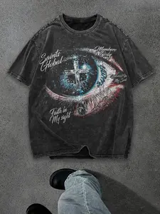 Unisex New T-Shirt, Washed Craftsmanship, American Retro Street Style Graphic Eye Print, Comfortable Casual Short Sleeve Tee, Streetwear