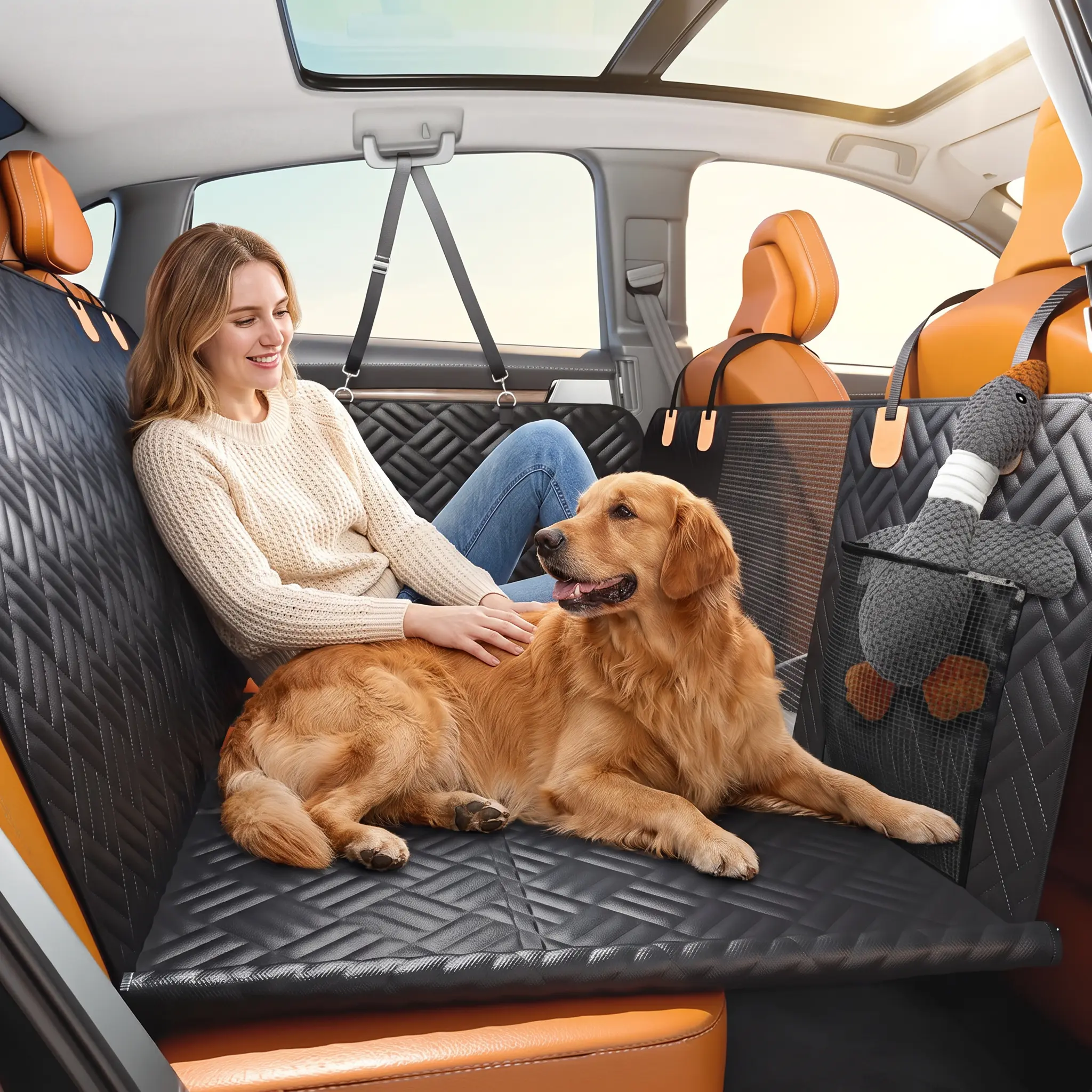 Dog Car Seat Cover with Hard Bottom Back Seat Extender – Supports Up to 400lbs, Waterproof Dog Hammock for Car, SUV & Truck pet cover, Zipper, Plaid