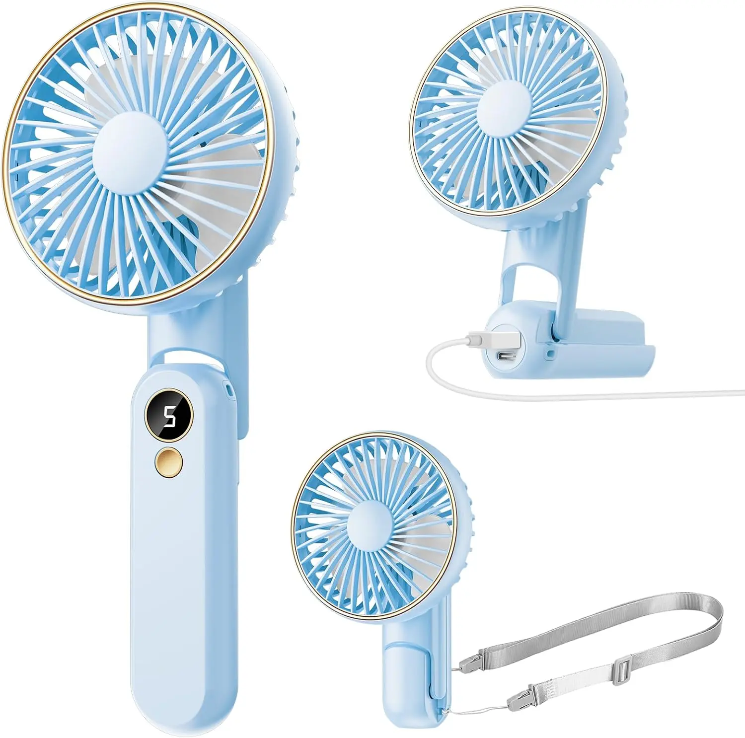 NOVATECX Portable Handheld Fan, [Up to 15 Working Hours],180° Foldable Personal Fan, USB Rechargeable Mini Hand Fans for Travel/Summer/Outdoor/Office, 5 Speeds Adjustable, LED Display,Blue
