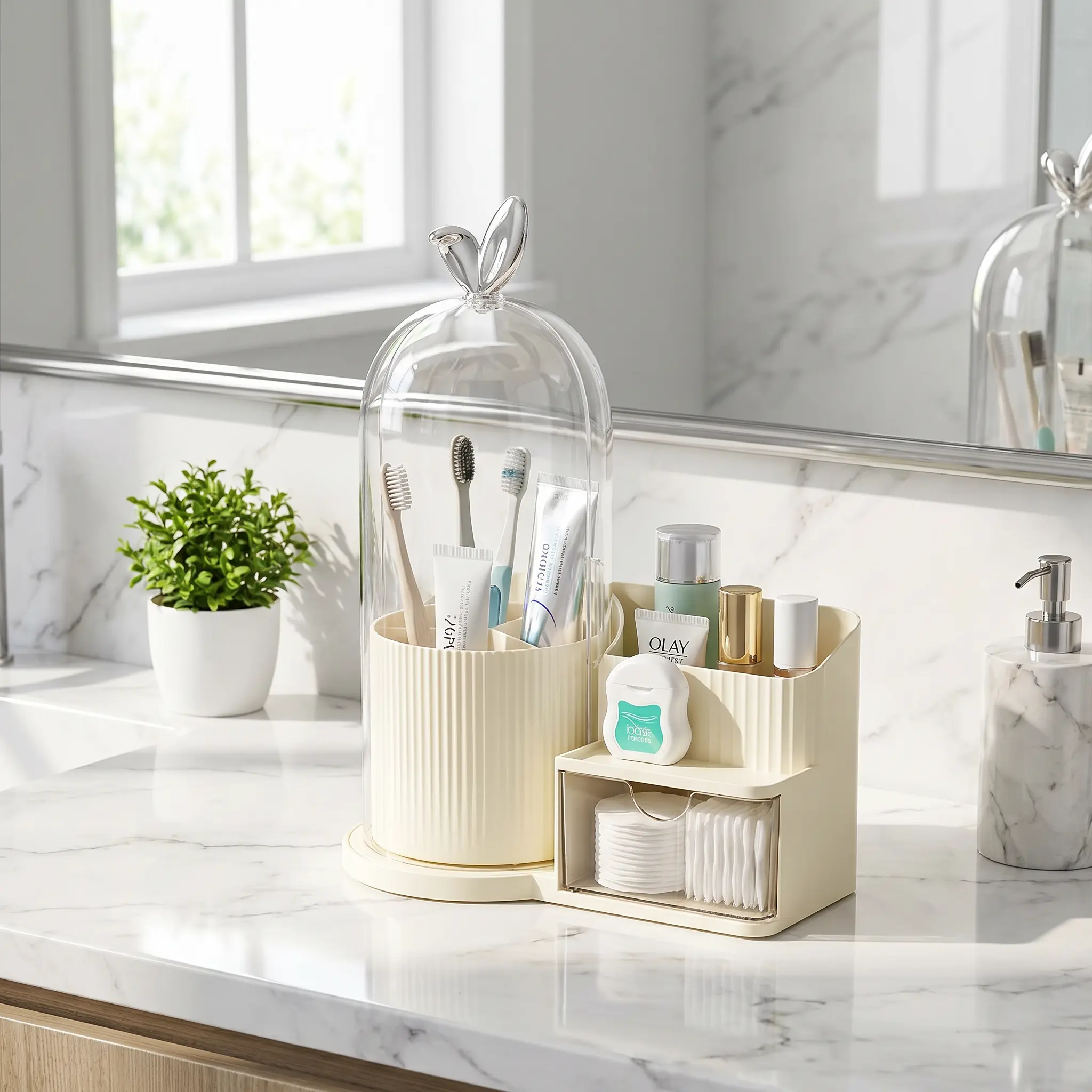 Modern Compact Countertop Toothbrush Holder Organizers - 360° Rotatable Lid, 3-Compartment Dustproof Bathroom Organizer with Side Storage & Accessory Drawer for Electric Toothbrushes, Toothpaste, Makeup Brushes, Functional Decor